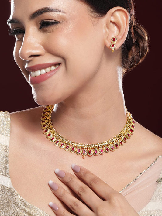 Ruby Pink Studded Golden Necklace Set Gold