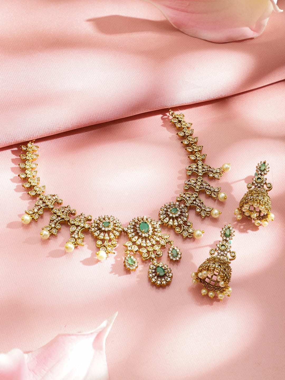 American Diamond Zirconia Floral Green Necklace Set フリーサイズ
