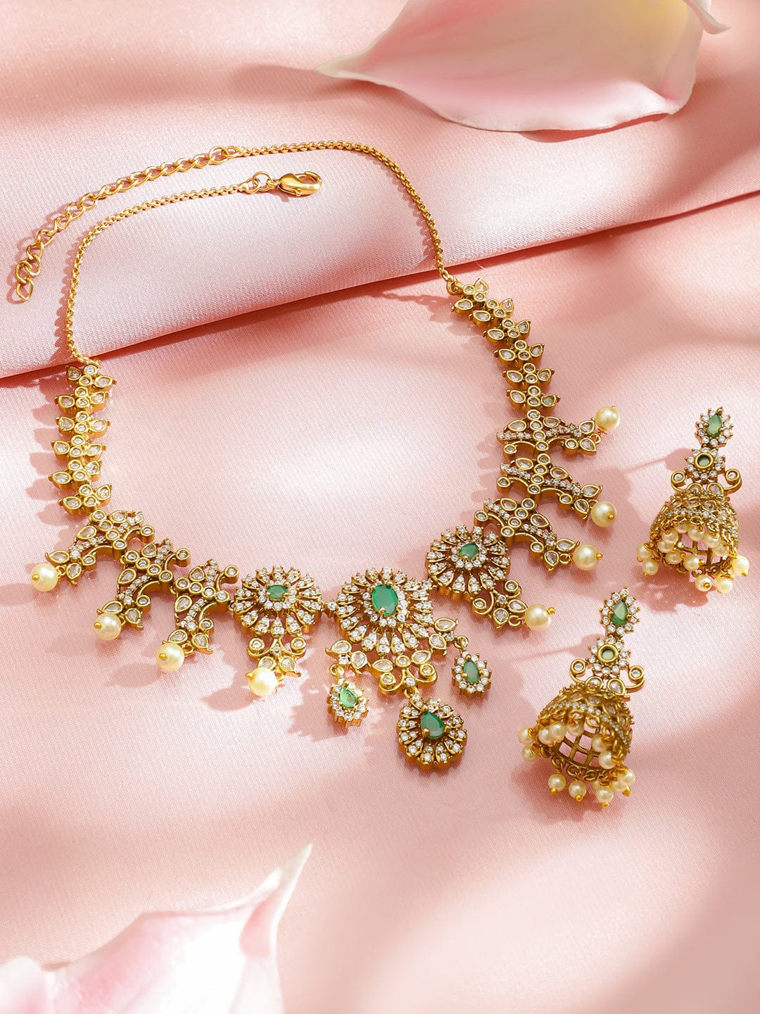 American Diamond Zirconia Floral Green Necklace Set フリーサイズ