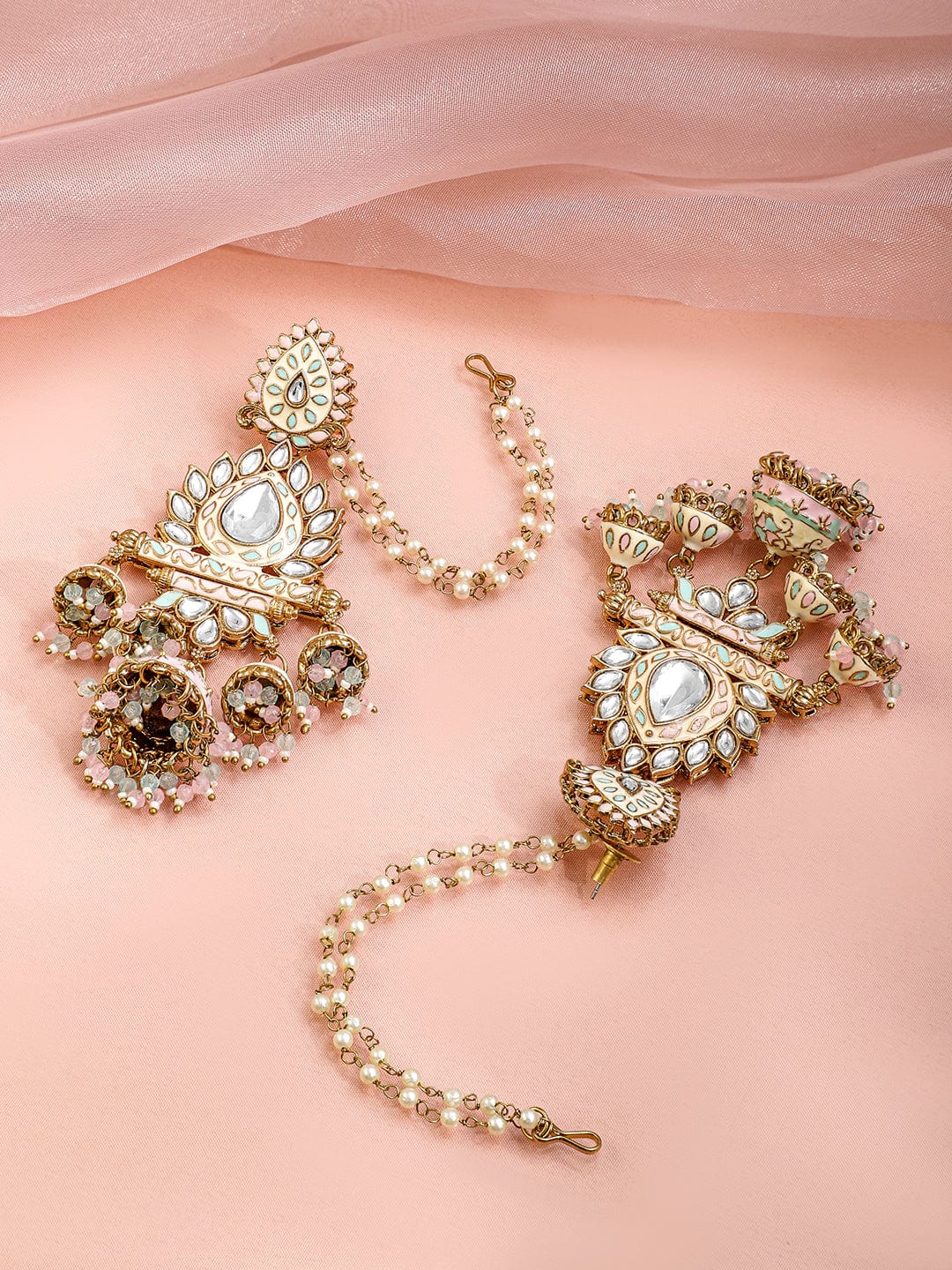 Luxe Radiance Kundan Jhumka with Kaan Chain フリーサイズ