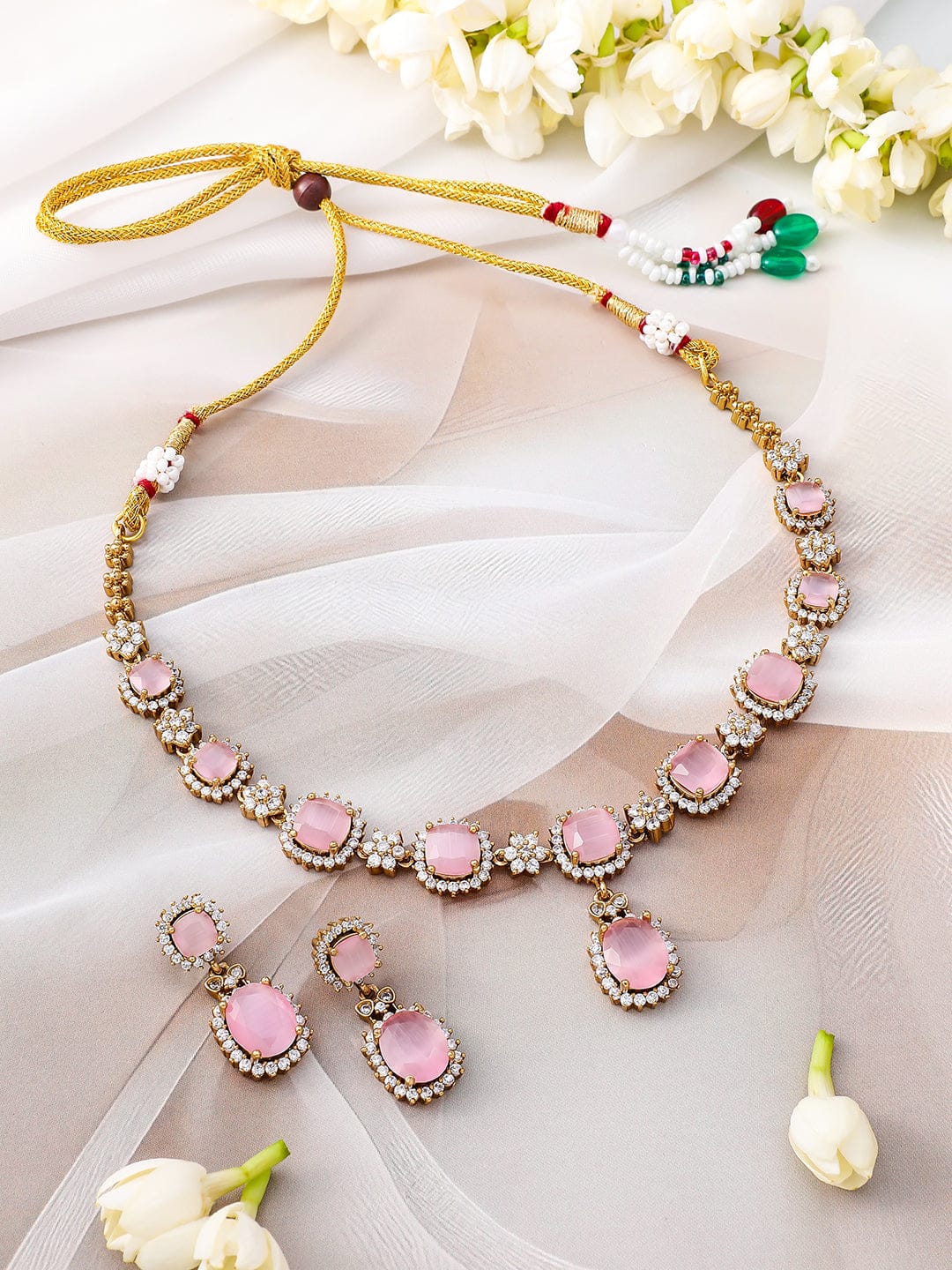 Pink Studded American Diamond Zirconia Necklace Set フリーサイズ
