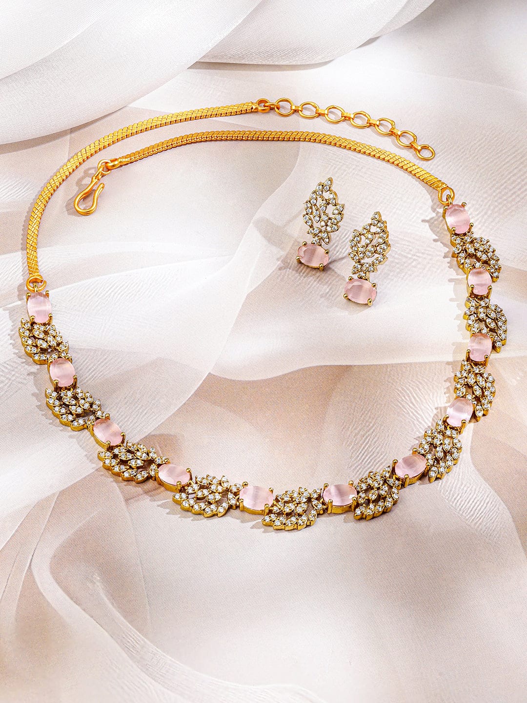 Pink American Diamond Zirconia Studded Necklace Set フリーサイズ