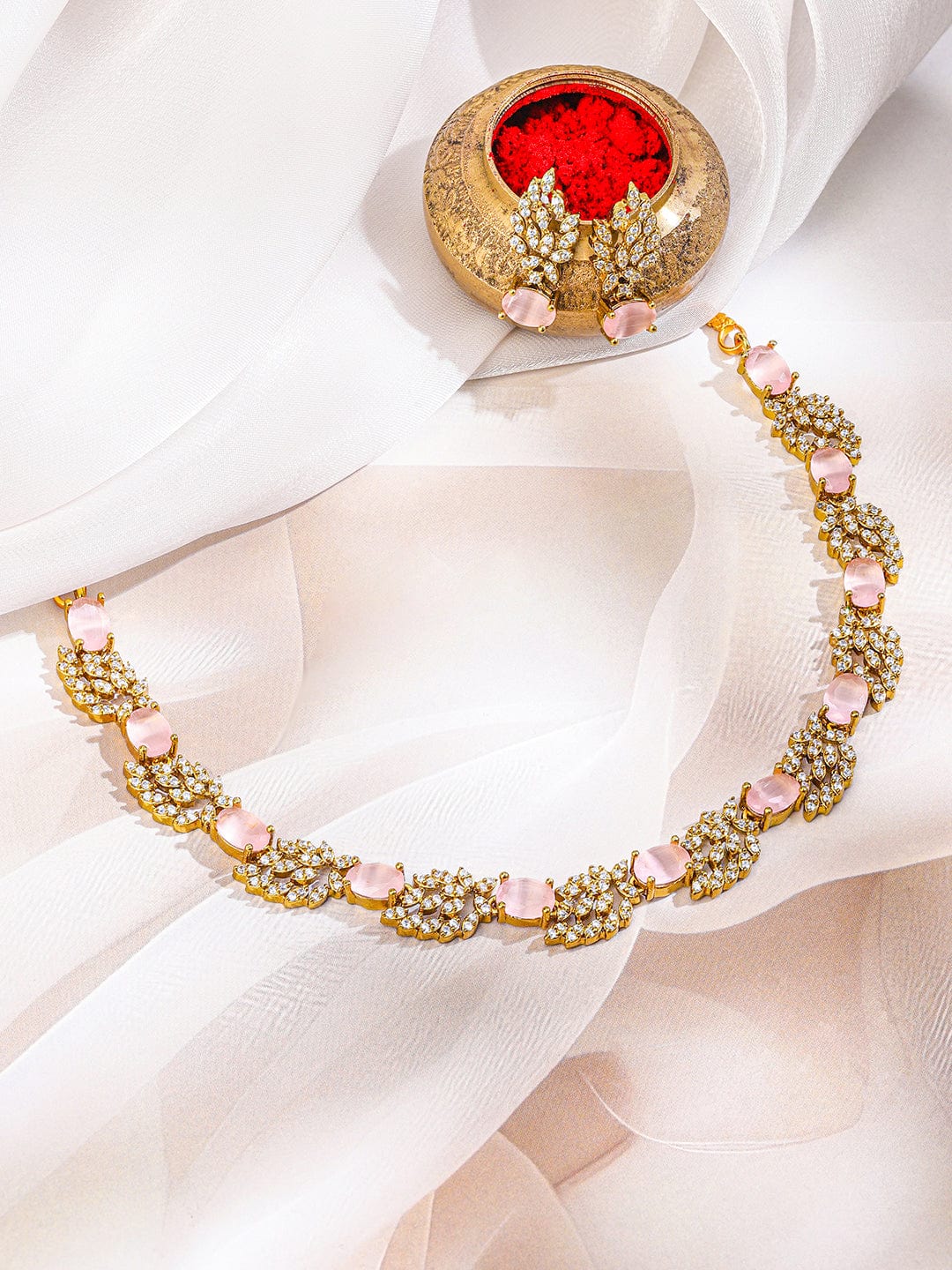 Pink American Diamond Zirconia Studded Necklace Set フリーサイズ