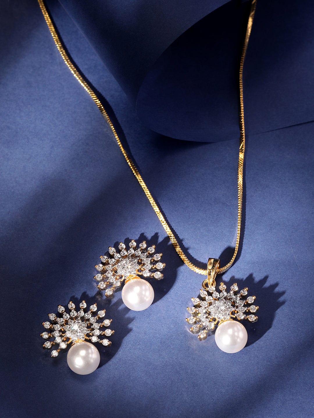 Pearl Drop American Diamond Zirconia Necklace Set Gold