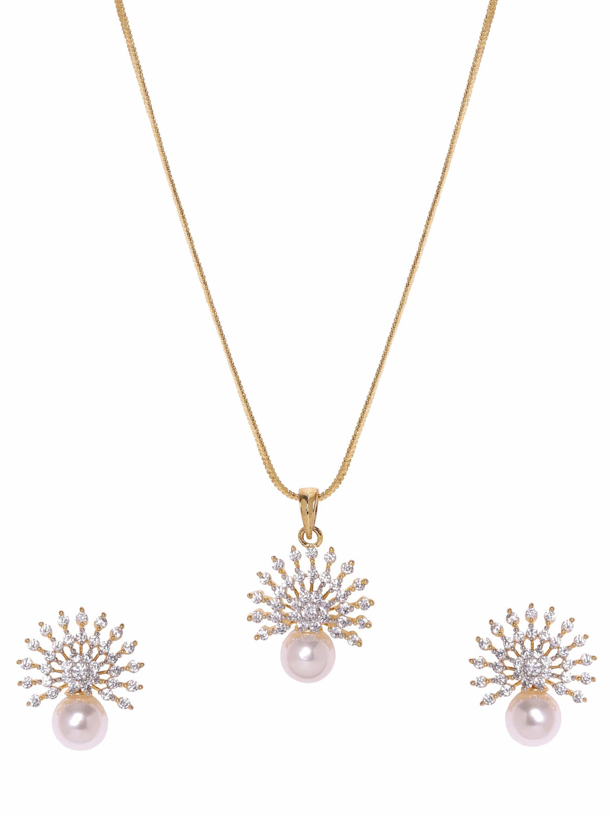 Pearl Drop American Diamond Zirconia Necklace Set Gold