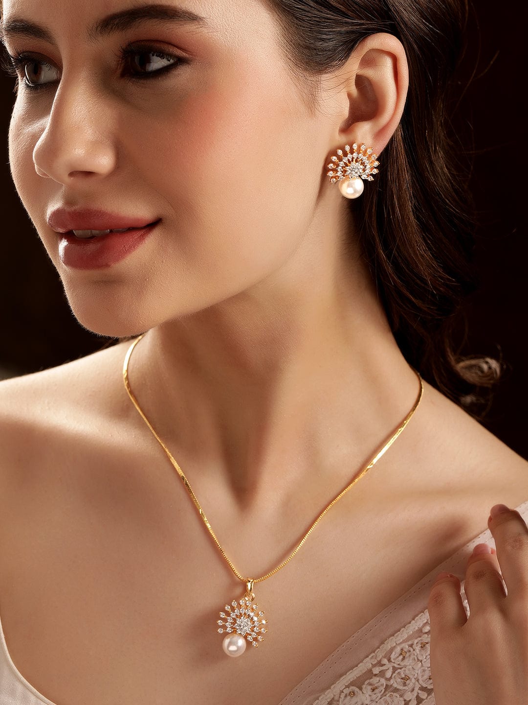 Pearl Drop American Diamond Zirconia Necklace Set Gold
