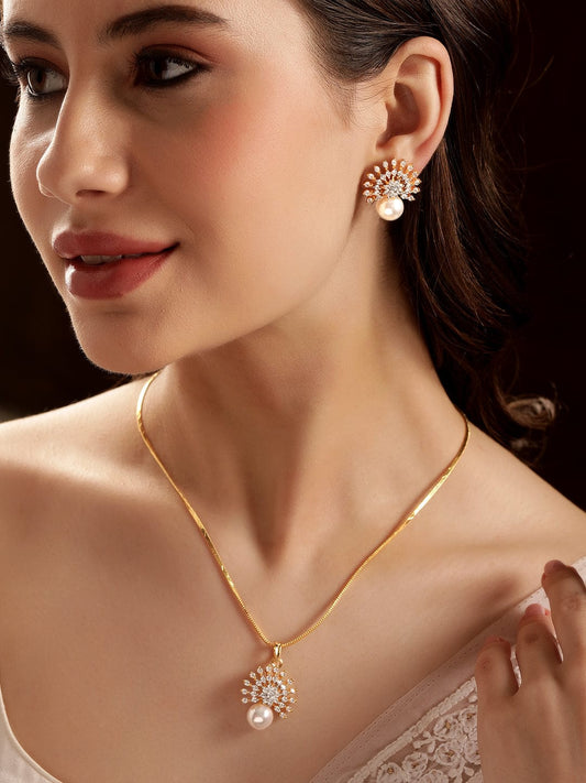 Pearl Drop American Diamond Zirconia Necklace Set Gold