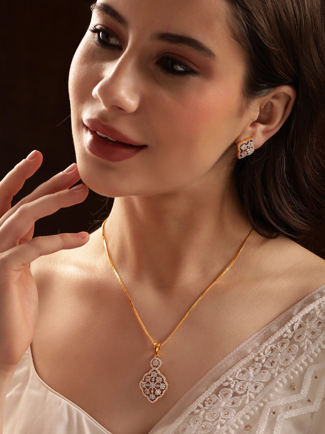 Gold Necklace Set in American Diamond Zirconia Gold