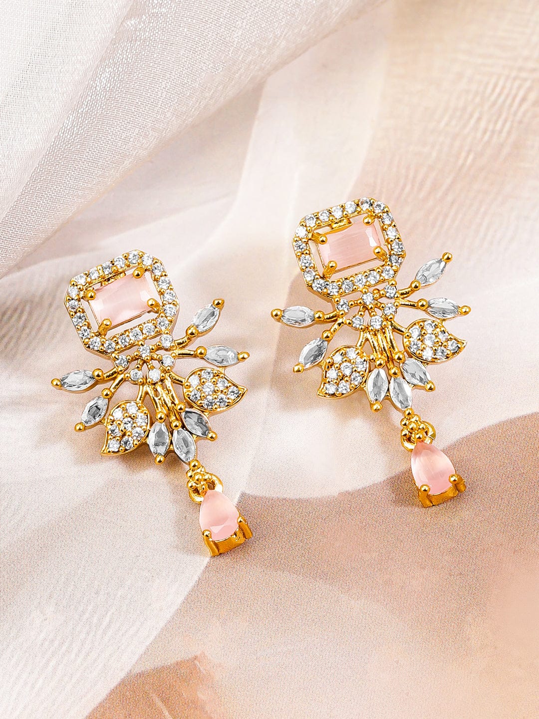 American Diamond Zirconia Pink Studded Floral Necklace Set フリーサイズ