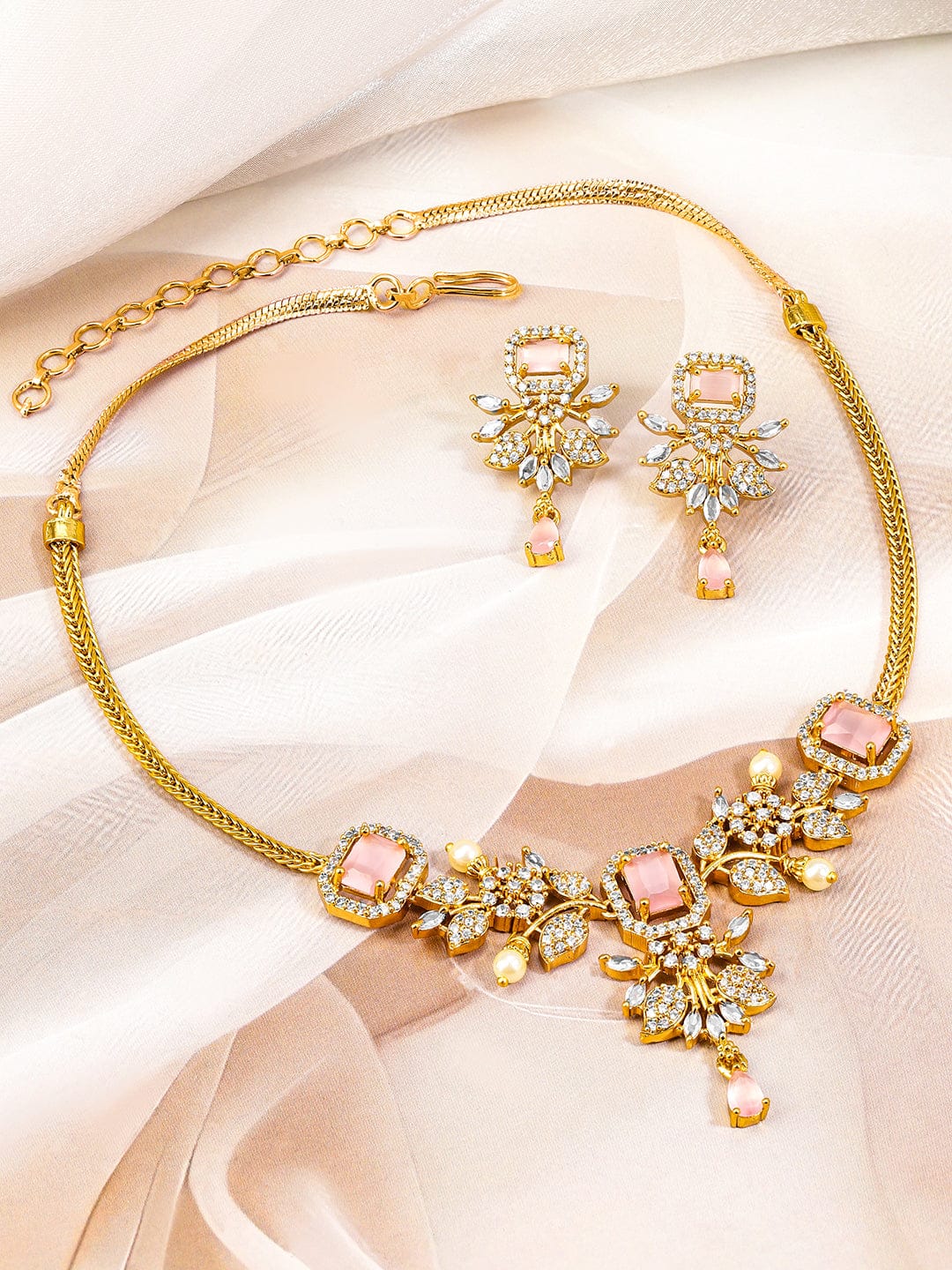 American Diamond Zirconia Pink Studded Floral Necklace Set フリーサイズ
