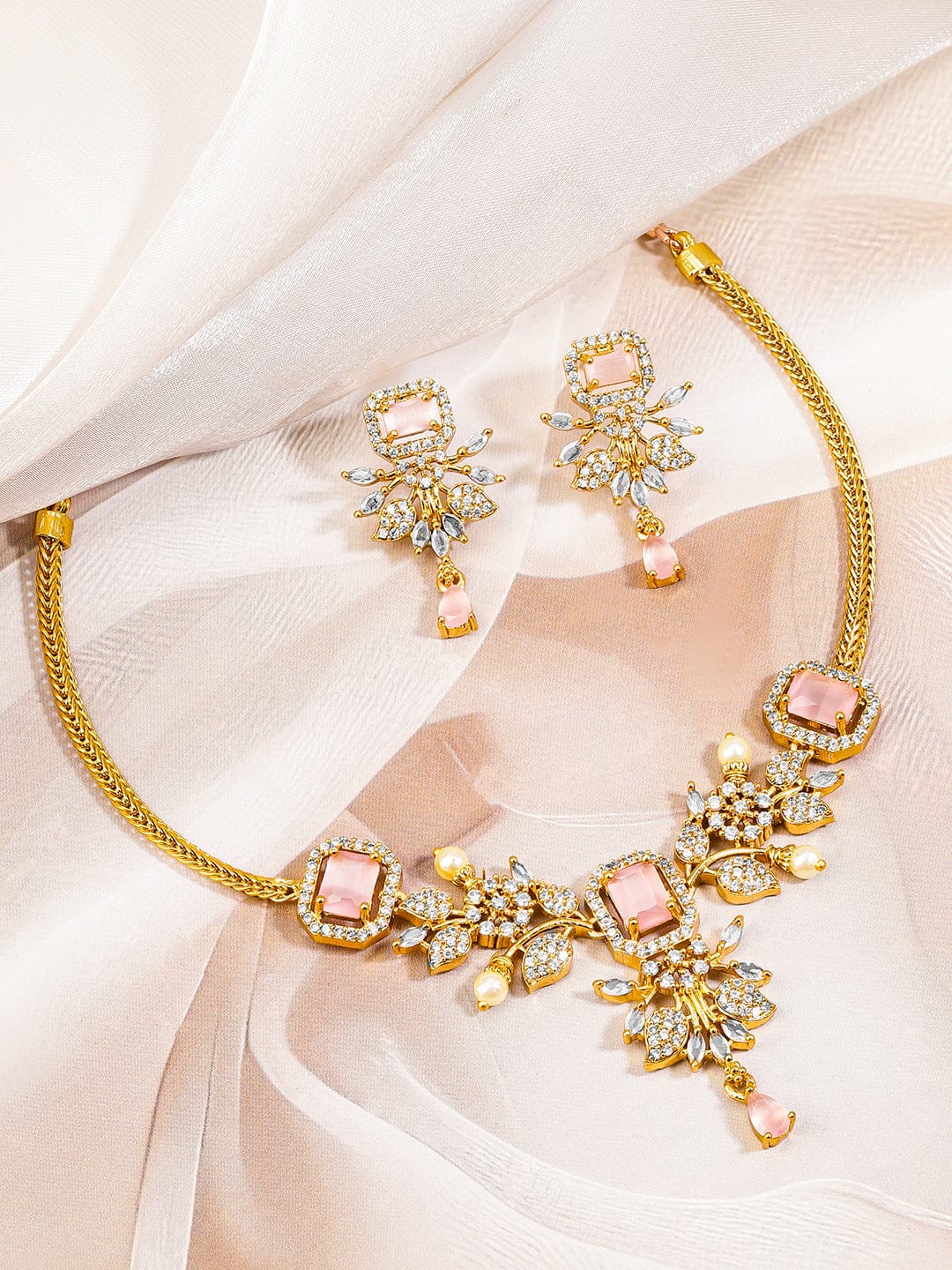 American Diamond Zirconia Pink Studded Floral Necklace Set フリーサイズ