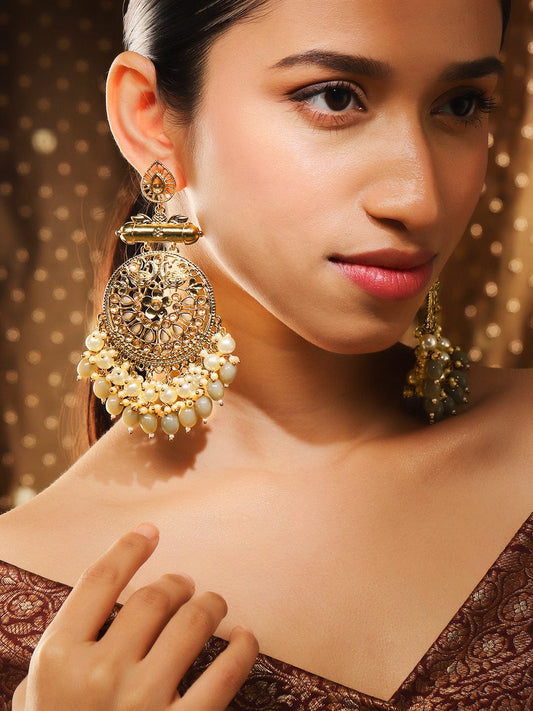 【Rubans】 22K Gold-Plated Pearl & Grey Stone Studded & Beaded Big Traditional Chandbali Earrings｜22K ゴールドメッキ パール＆グレーストーン ビッグ トラディショナル チャンドバリ イヤリング