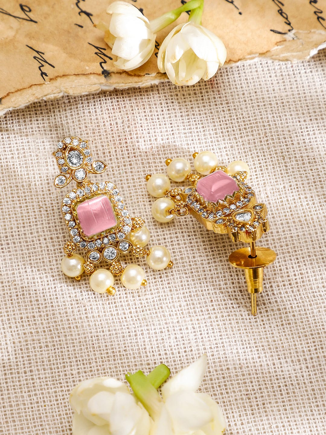 American Diamond Zirconia Pink Accented Necklace Set Gold