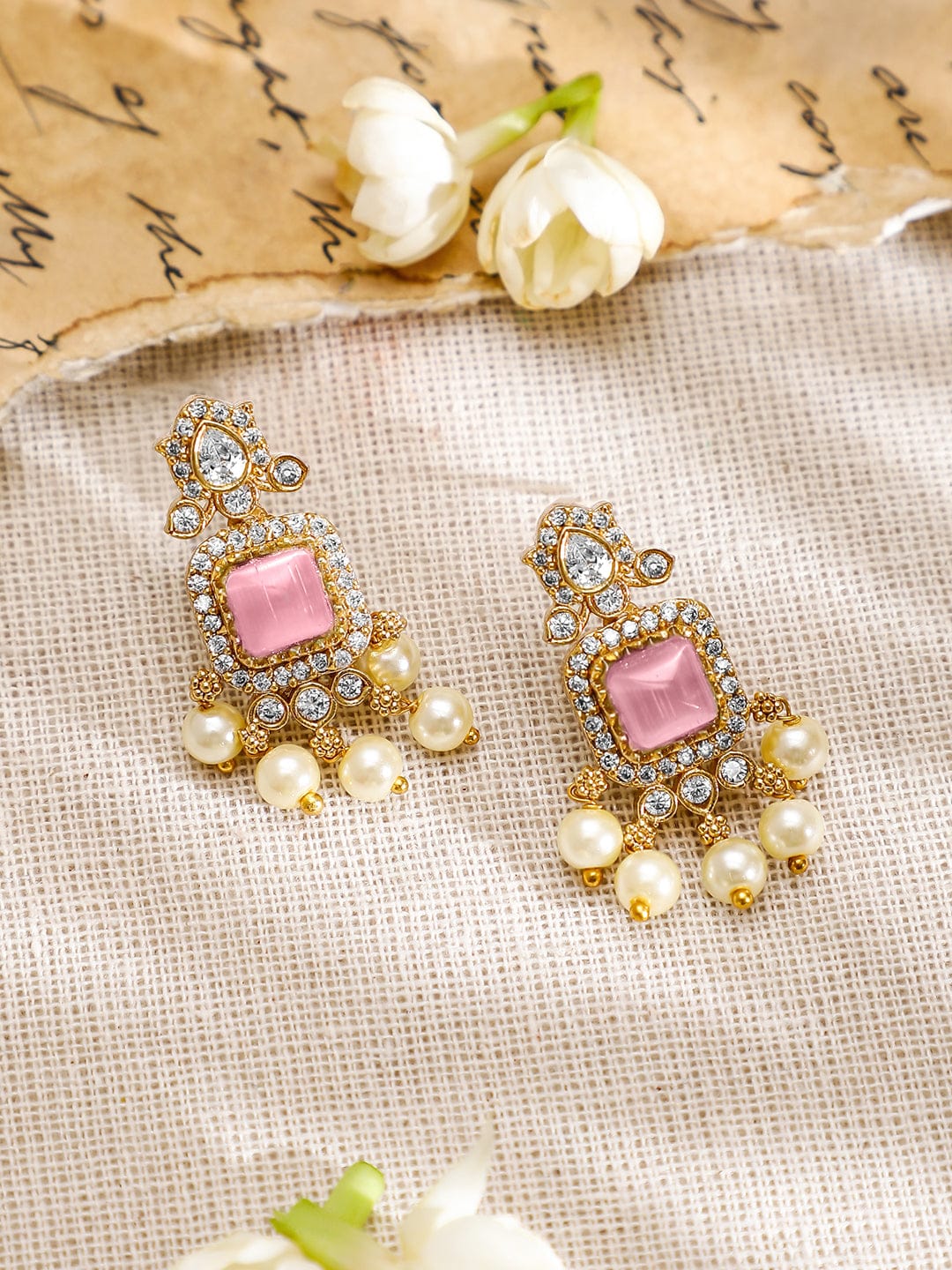 American Diamond Zirconia Pink Accented Necklace Set Gold