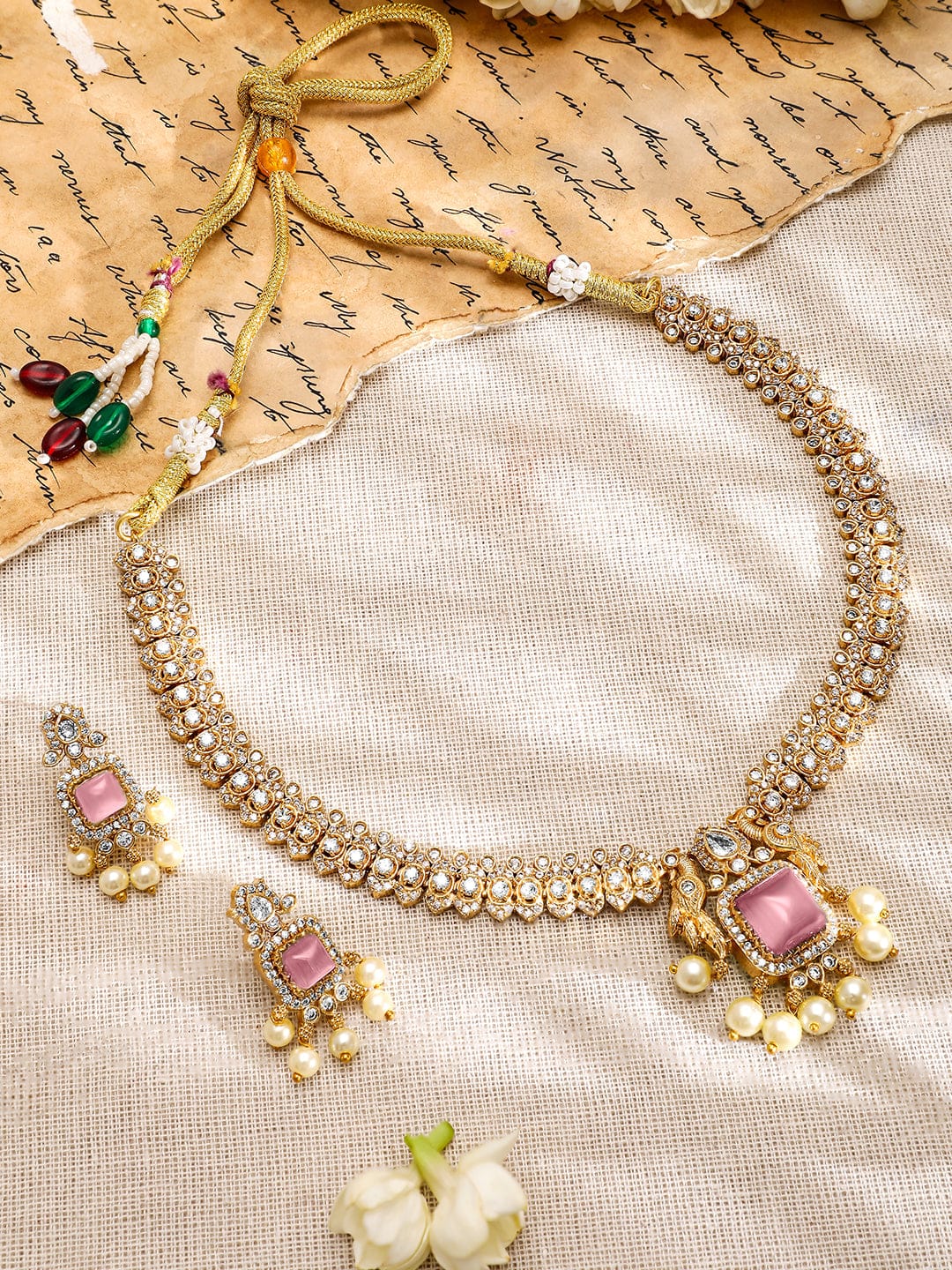American Diamond Zirconia Pink Accented Necklace Set Gold