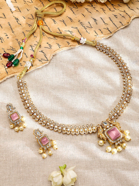 American Diamond Zirconia Pink Accented Necklace Set Gold