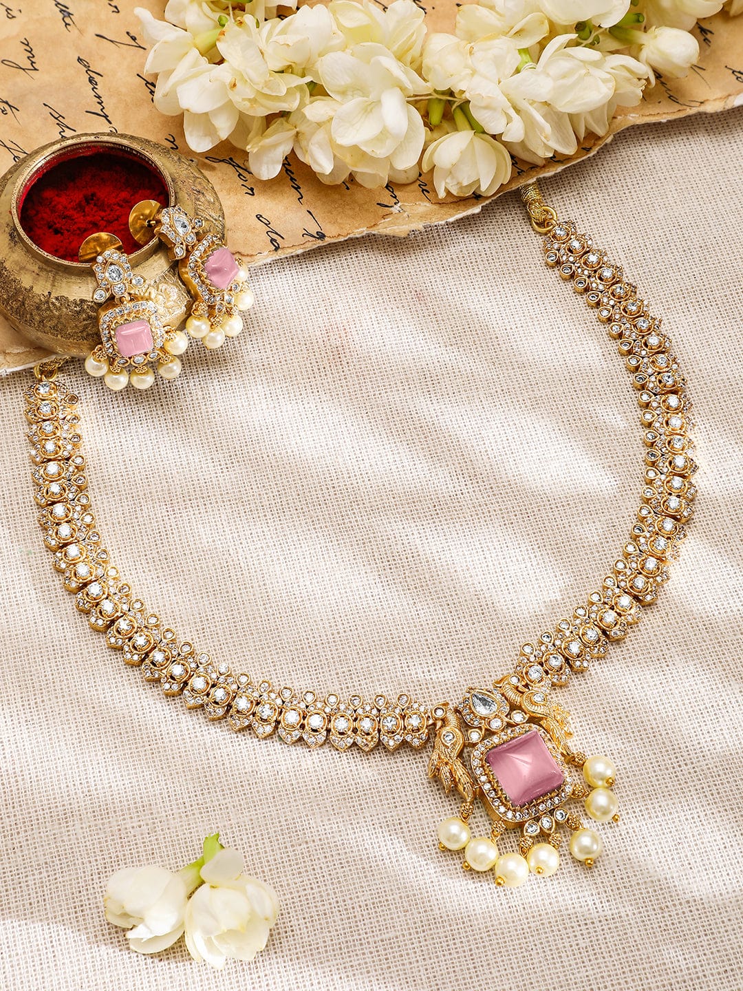 American Diamond Zirconia Pink Accented Necklace Set Gold