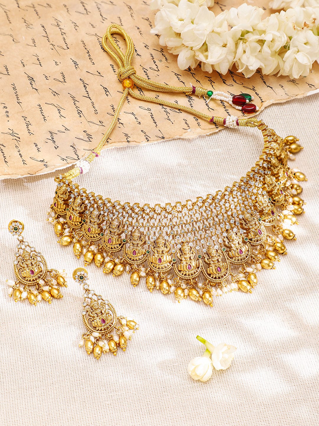 Laxmi Motif Choker Set with American Diamond Zirconia Gold