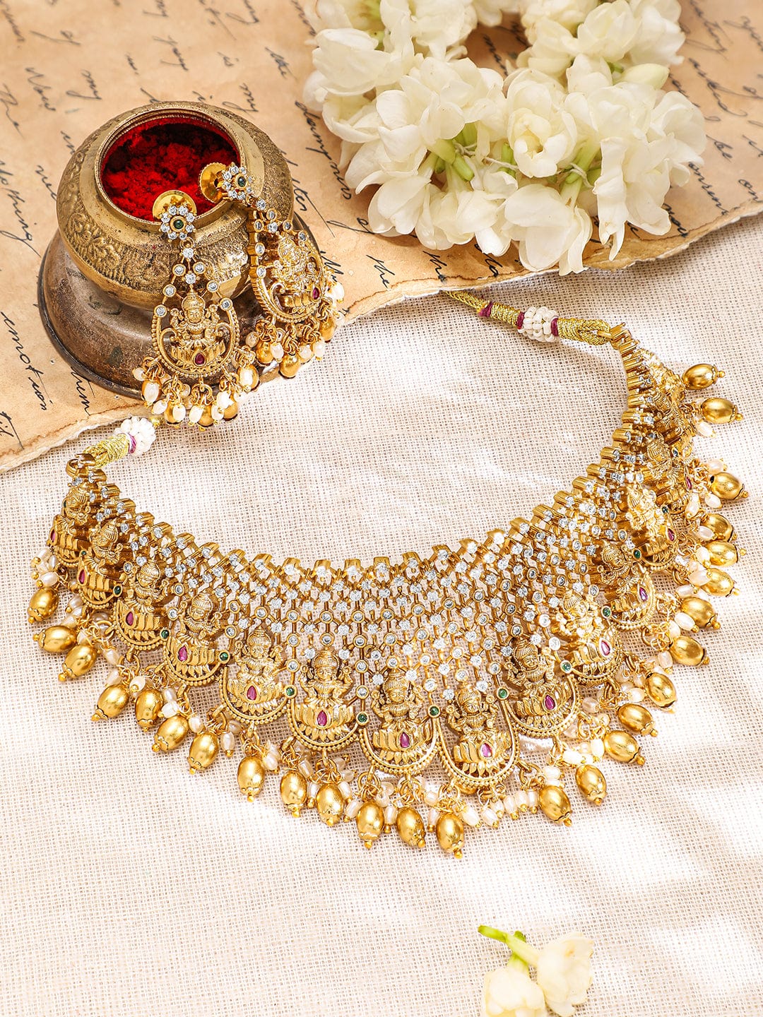 Laxmi Motif Choker Set with American Diamond Zirconia Gold