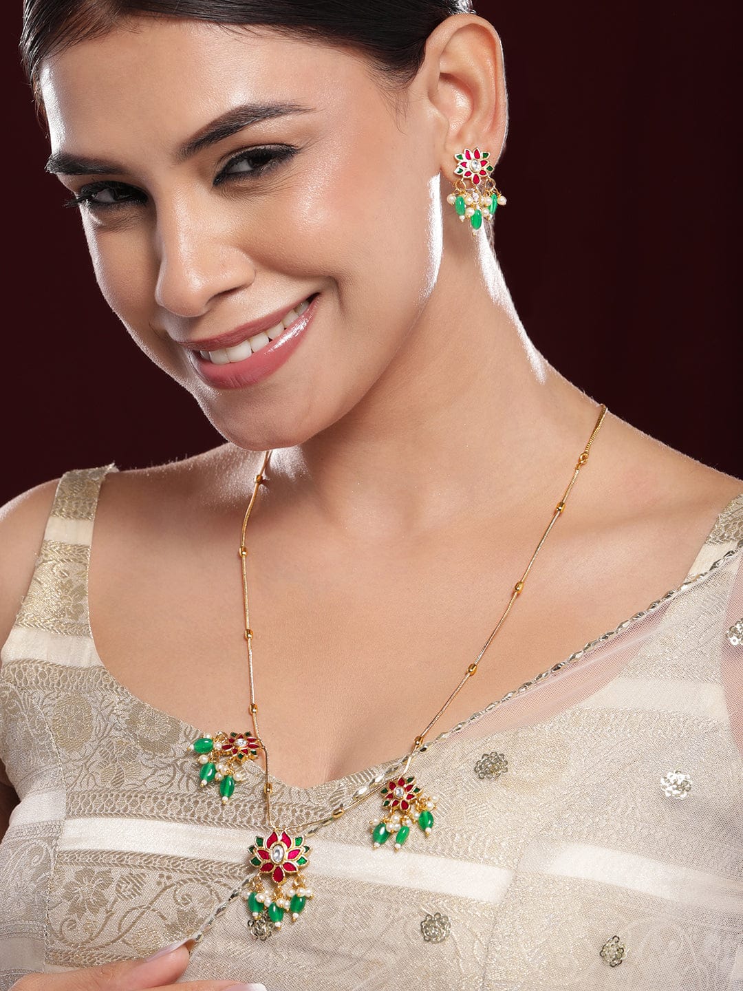 Red Floral Green Beaded Necklace Set フリーサイズ
