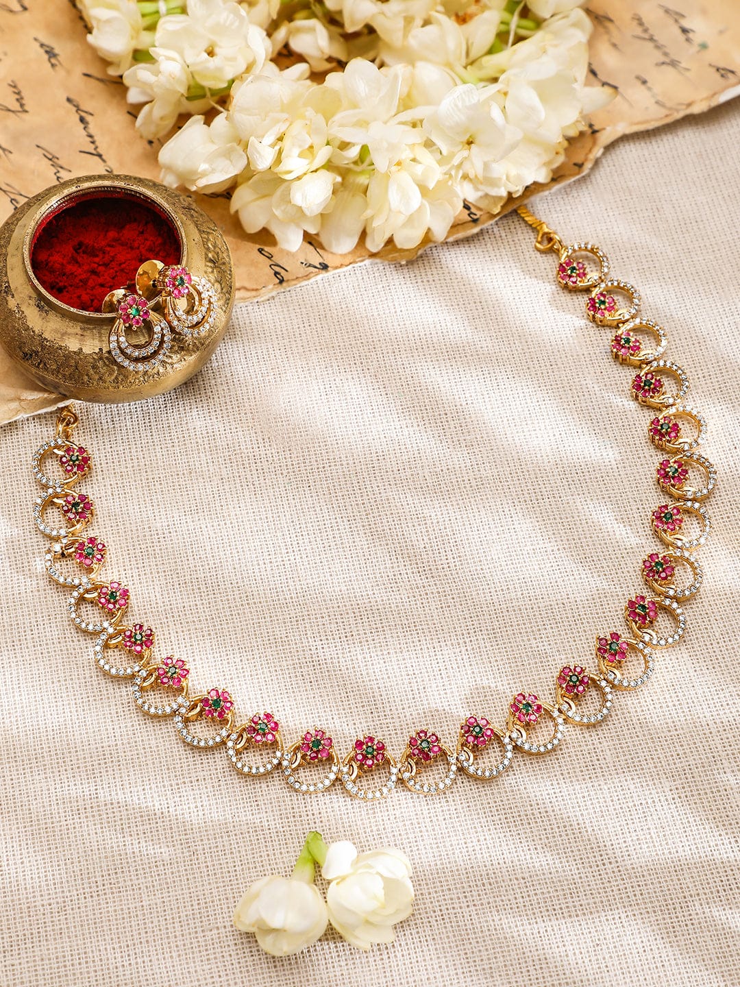 American Diamond Zirconia Pink Circle Necklace Set Pink & Green