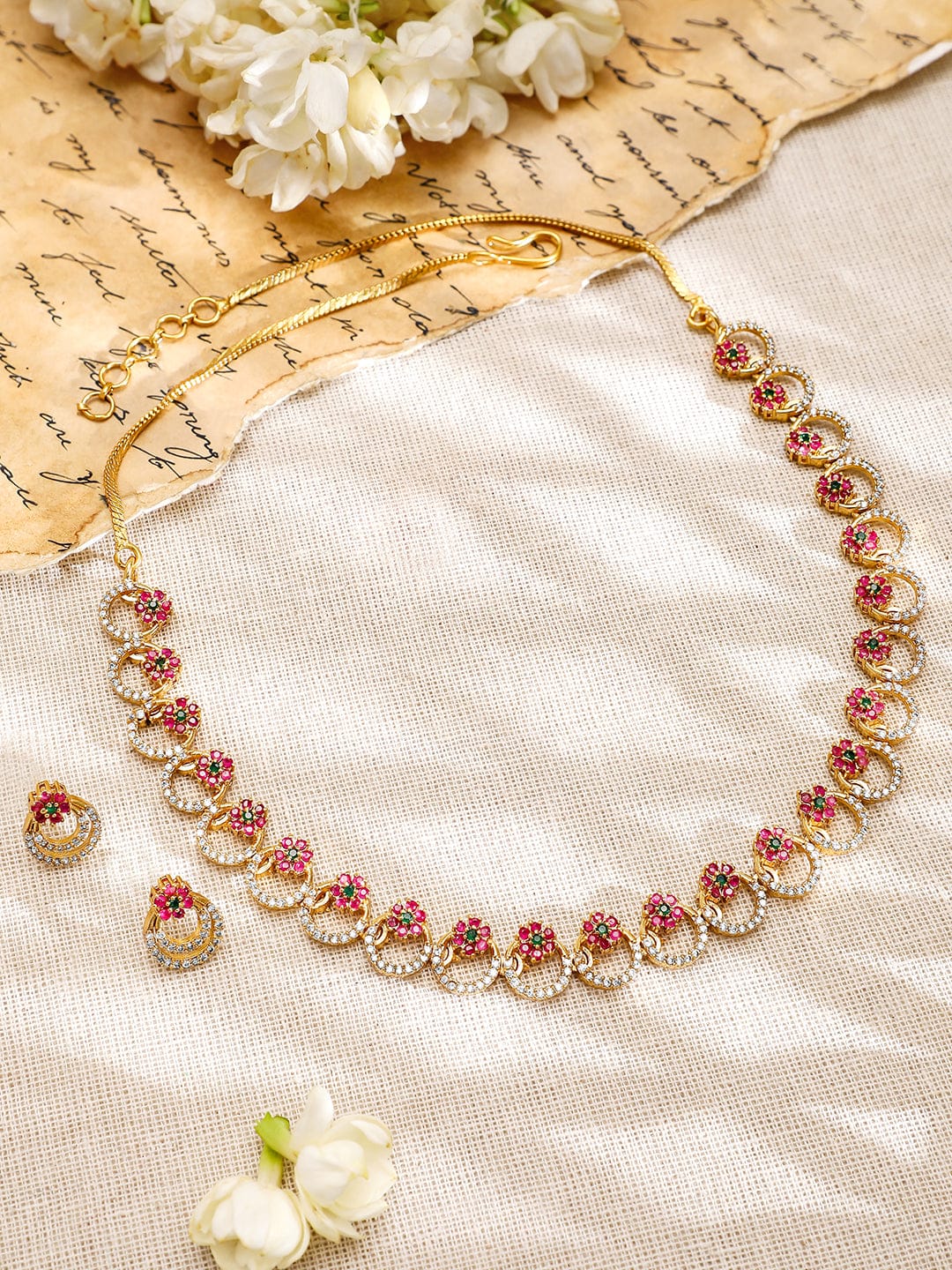 American Diamond Zirconia Pink Circle Necklace Set Pink & Green