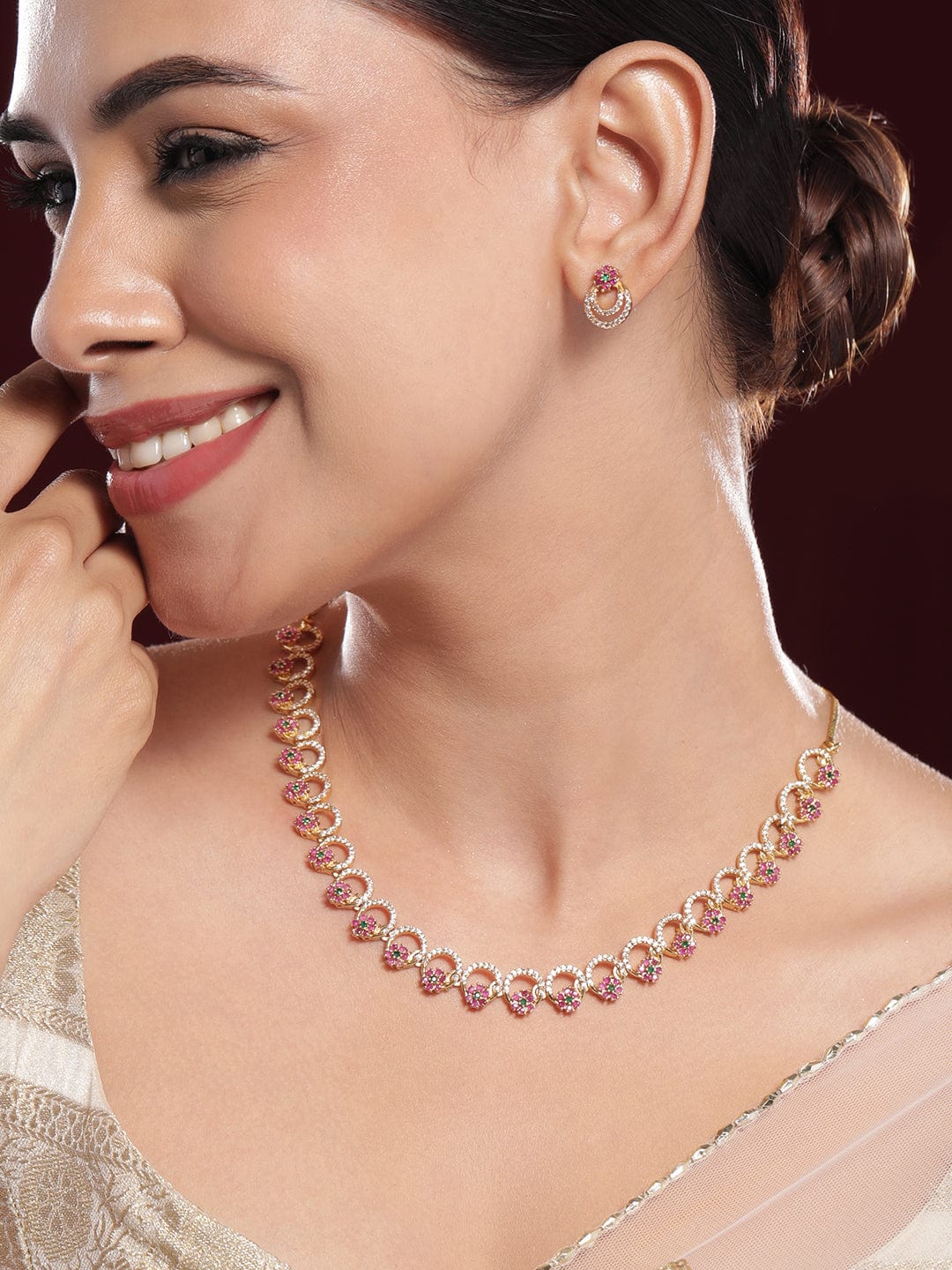 American Diamond Zirconia Pink Circle Necklace Set Pink & Green