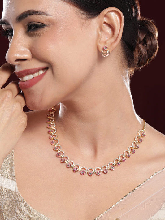 American Diamond Zirconia Pink Circle Necklace Set Pink & Green