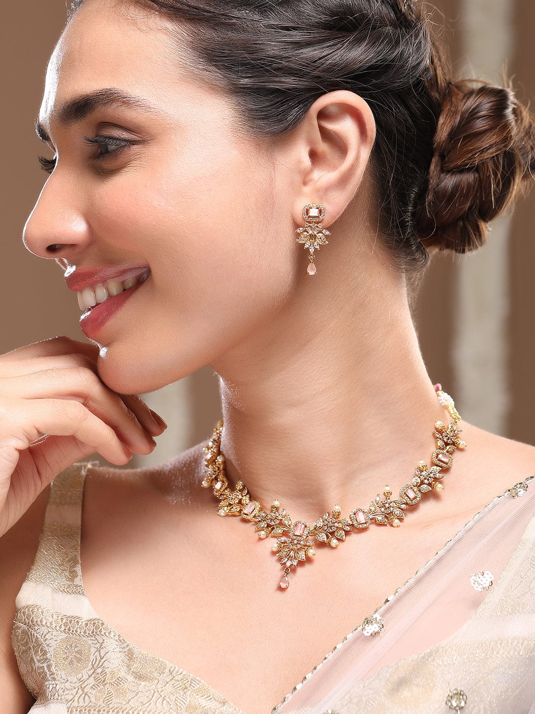 Pink American Diamond Zirconia Pearl Necklace Set フリーサイズ