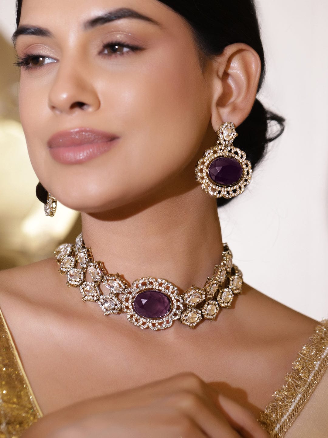 Luxe Purple Kundan Necklace Set フリーサイズ