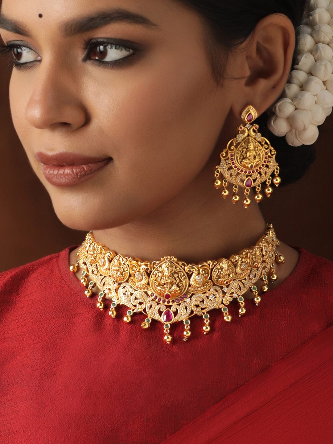 Multicolor Studded Temple Choker Set Gold