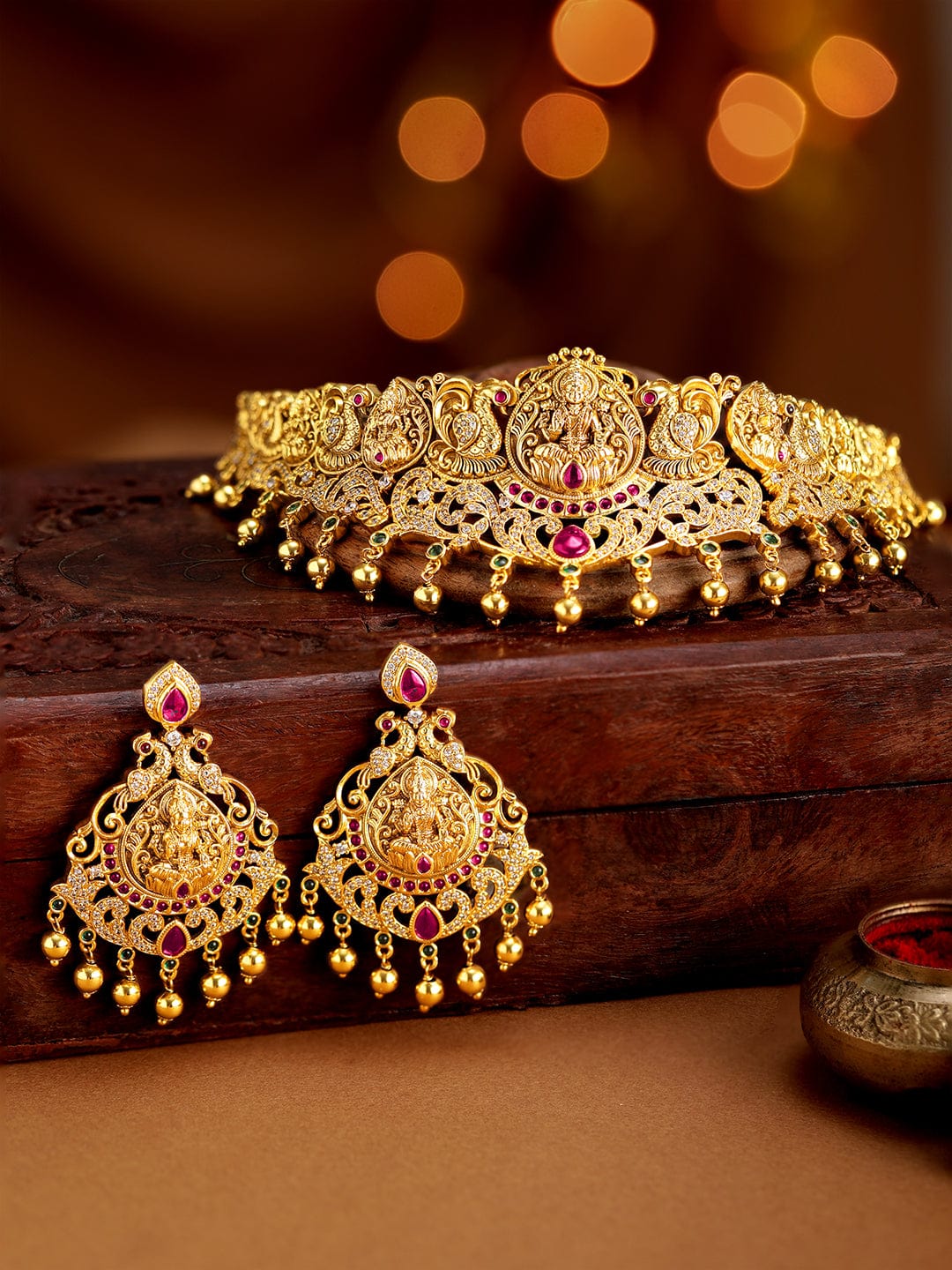 Multicolor Studded Temple Choker Set Gold