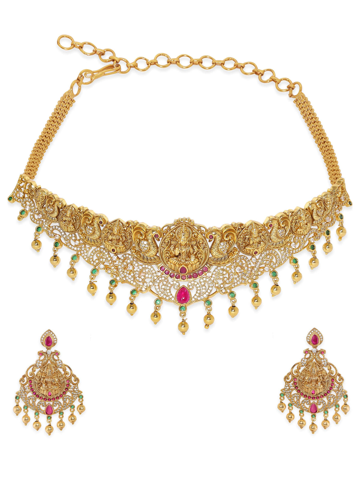 Multicolor Studded Temple Choker Set Gold