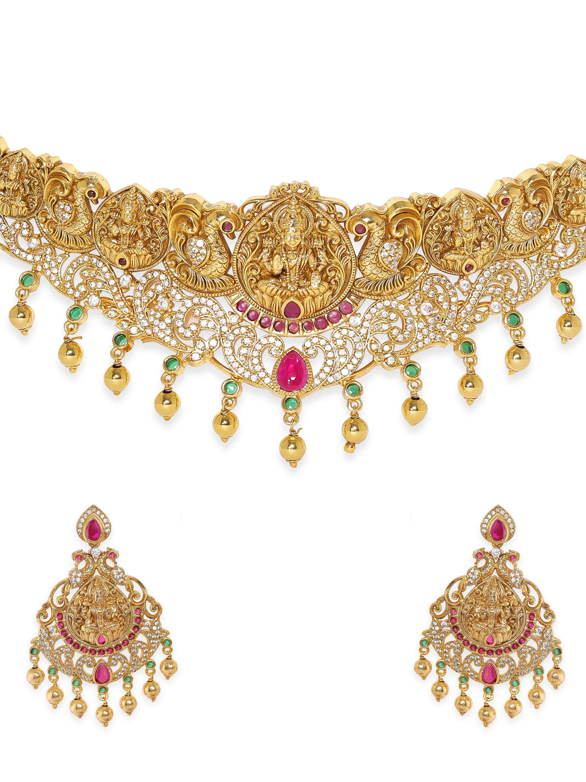 Multicolor Studded Temple Choker Set Gold
