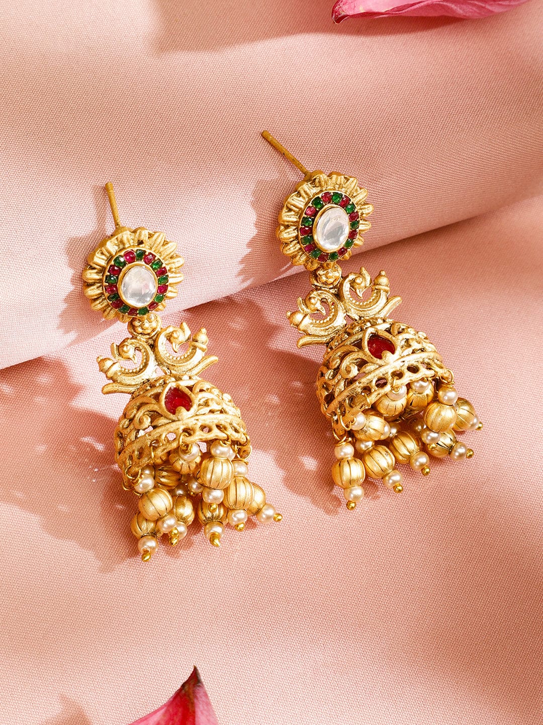 Red & Green Studded Gold Beads Necklace Set Red