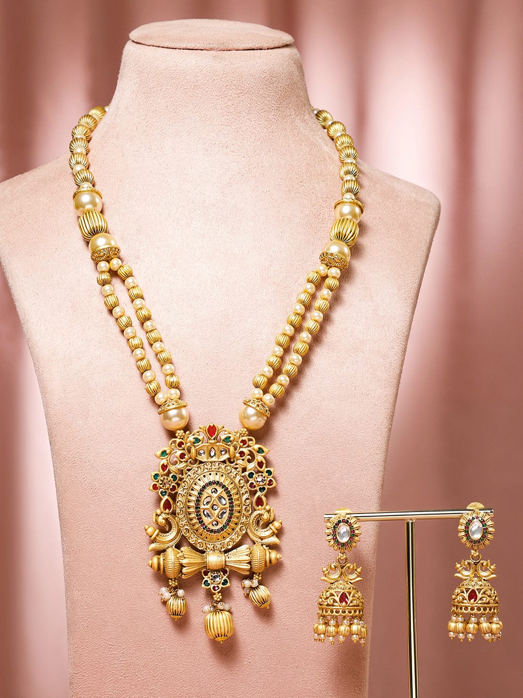 Red & Green Studded Gold Beads Necklace Set Red