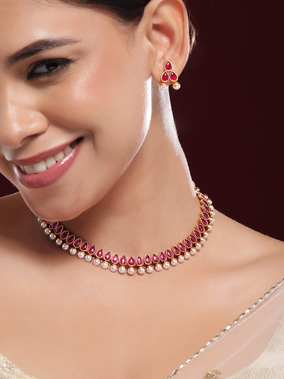 Ruby Studded Pearl Drop Necklace Set フリーサイズ