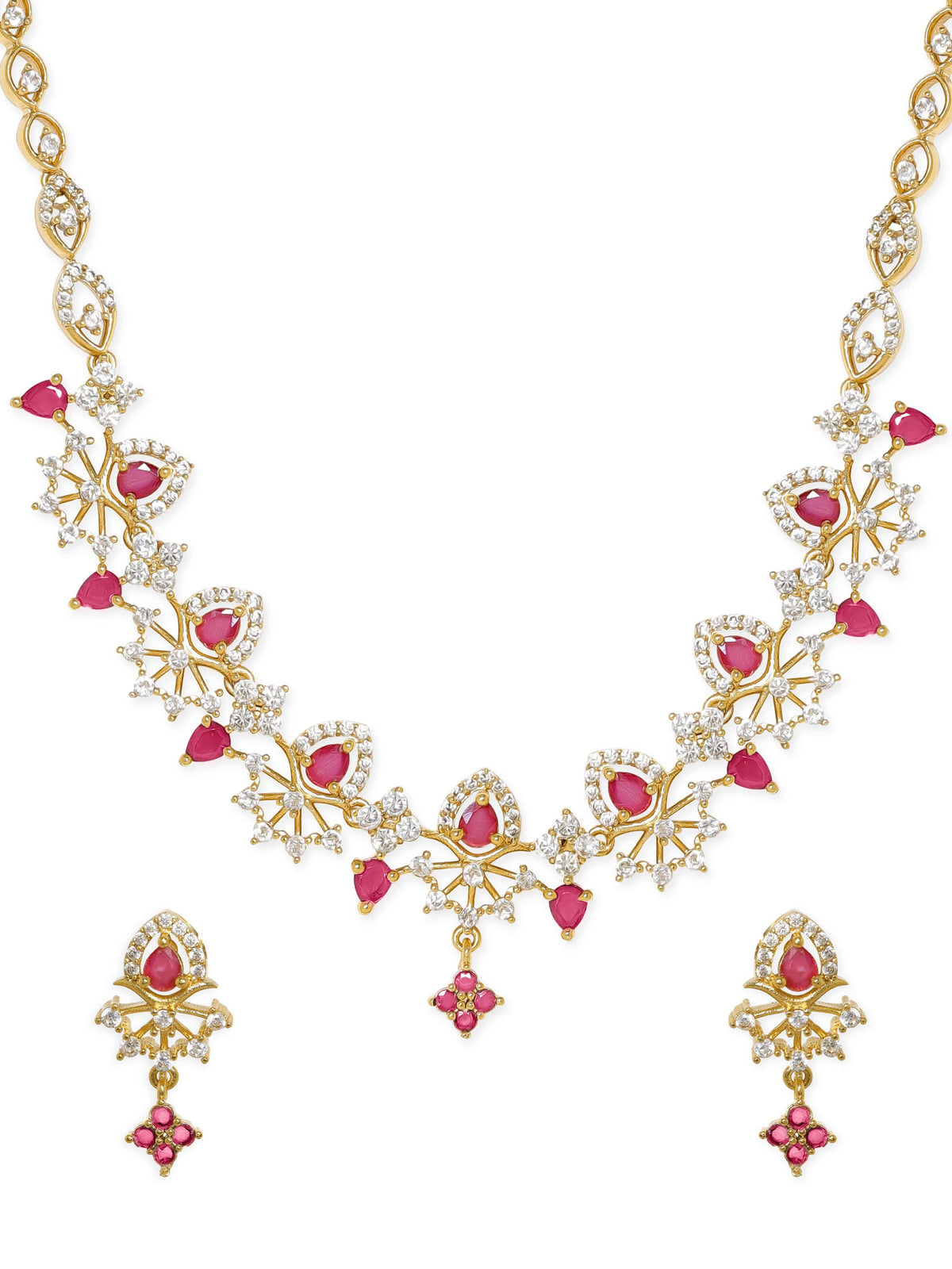 American Diamond Zirconia Ruby Studded Necklace Set フリーサイズ