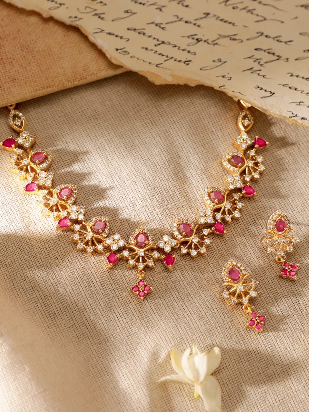 American Diamond Zirconia Ruby Studded Necklace Set フリーサイズ