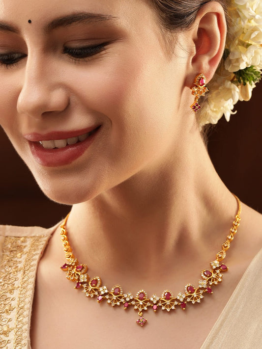 American Diamond Zirconia Ruby Studded Necklace Set フリーサイズ