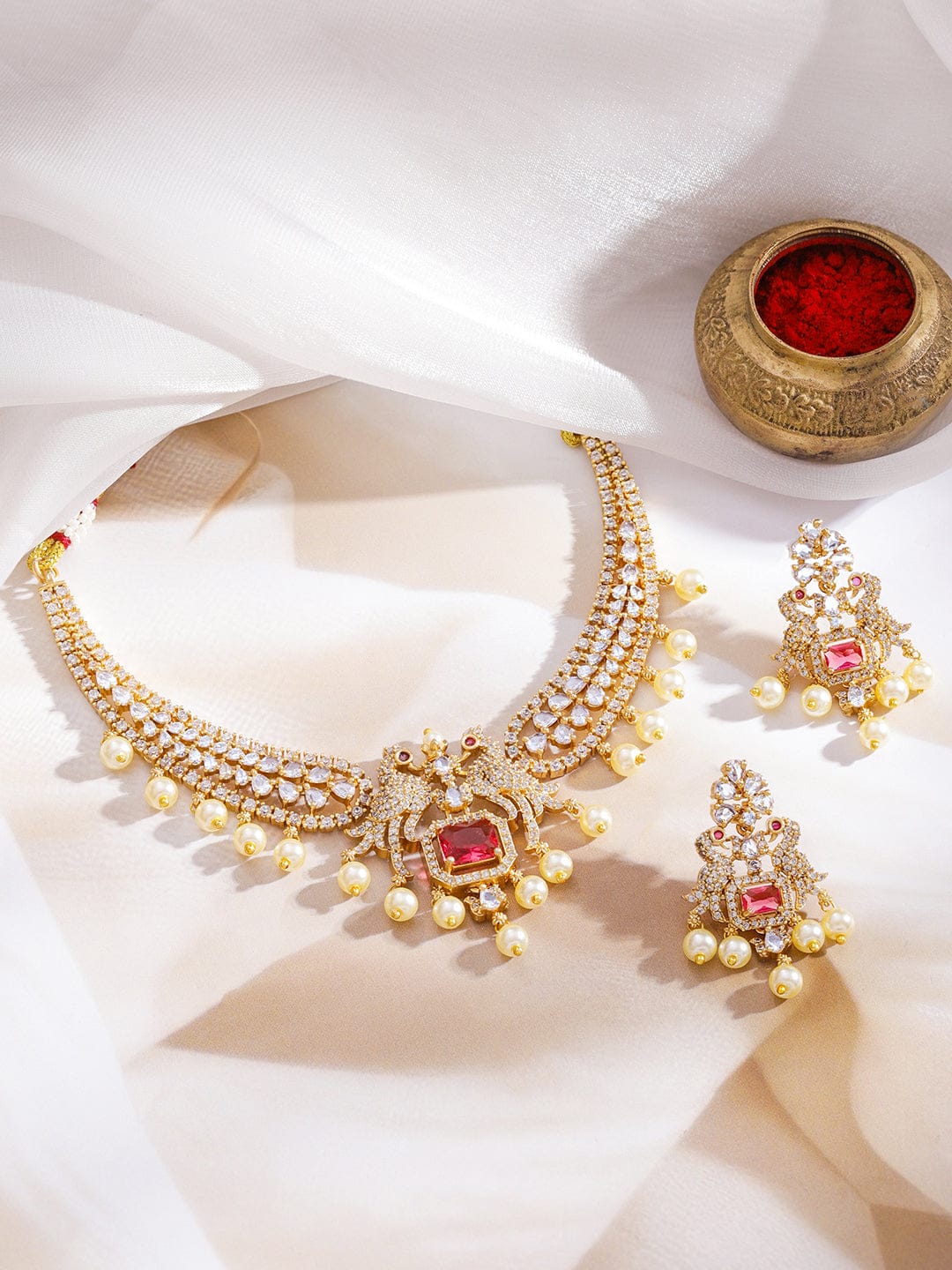 American Diamond Zirconia Pearl Necklace Set フリーサイズ