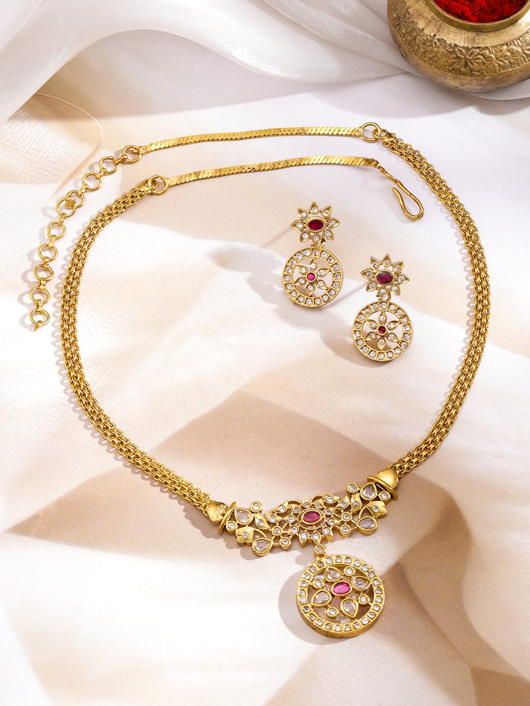 Pink & White Studded Kundan Gold Necklace Set フリーサイズ