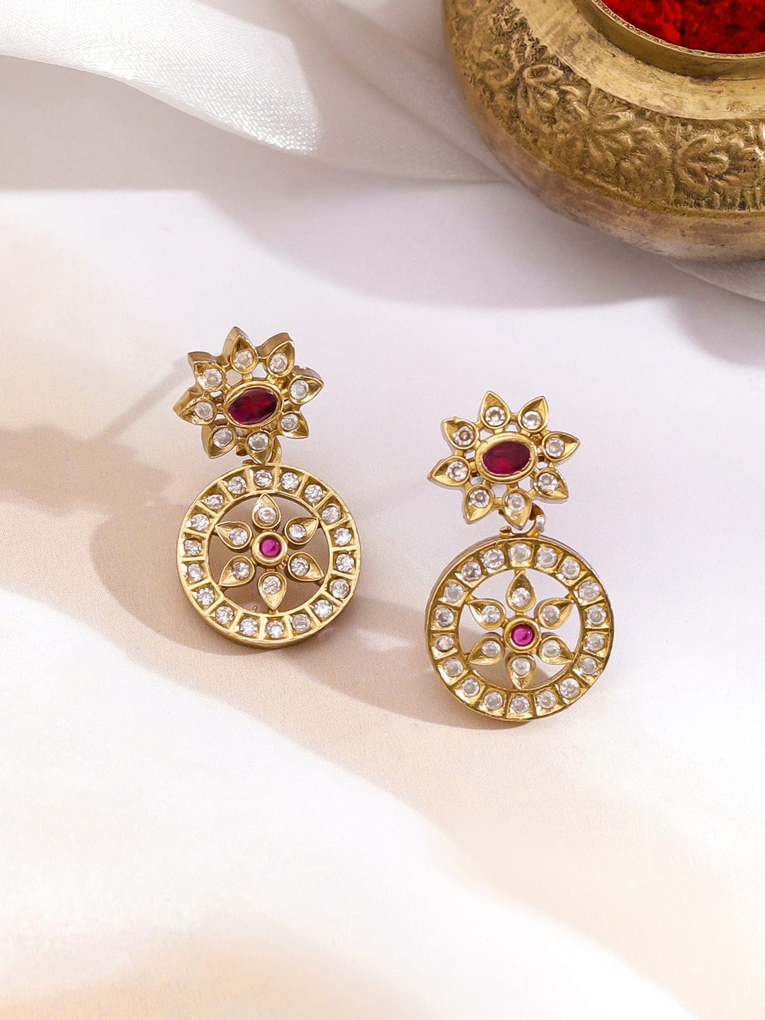 Pink & White Studded Kundan Gold Necklace Set フリーサイズ