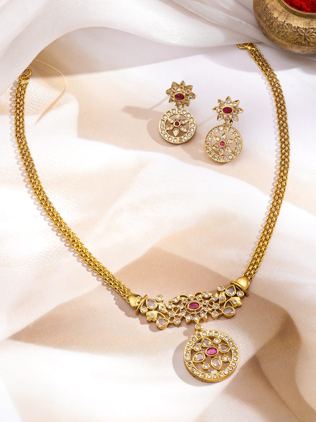Pink & White Studded Kundan Gold Necklace Set フリーサイズ