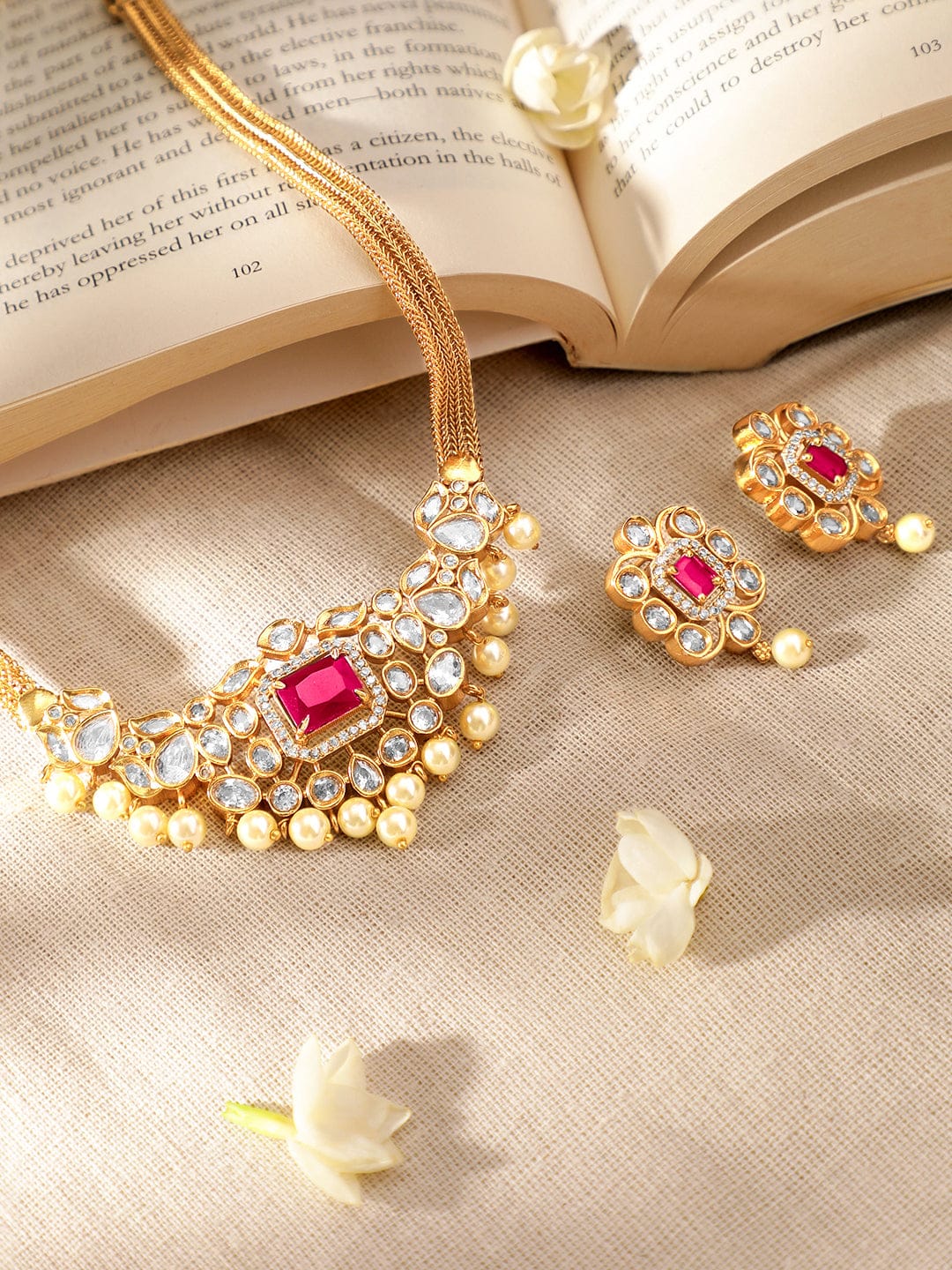 Pink Studded Pearl Drop Gold Necklace Set Gold