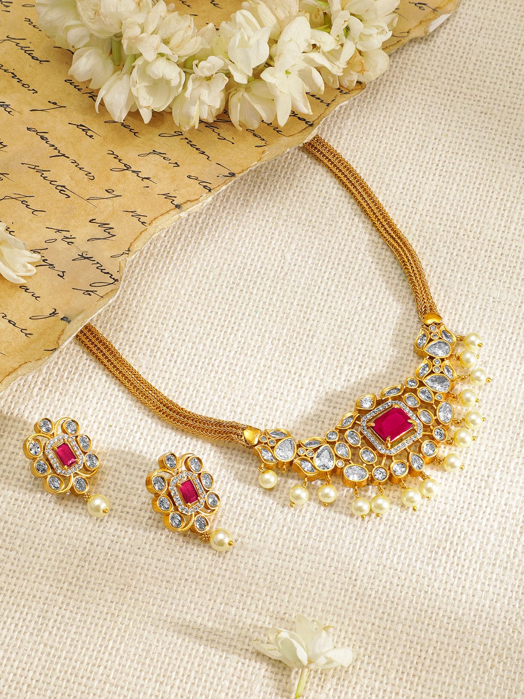 Pink Studded Pearl Drop Gold Necklace Set Gold