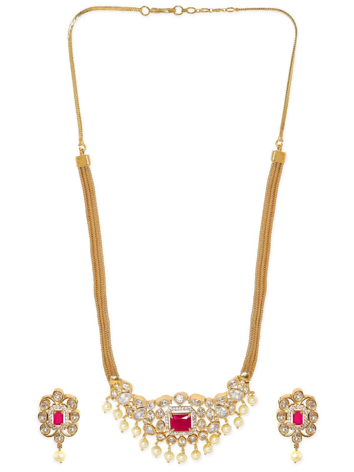 Pink Studded Pearl Drop Gold Necklace Set Gold