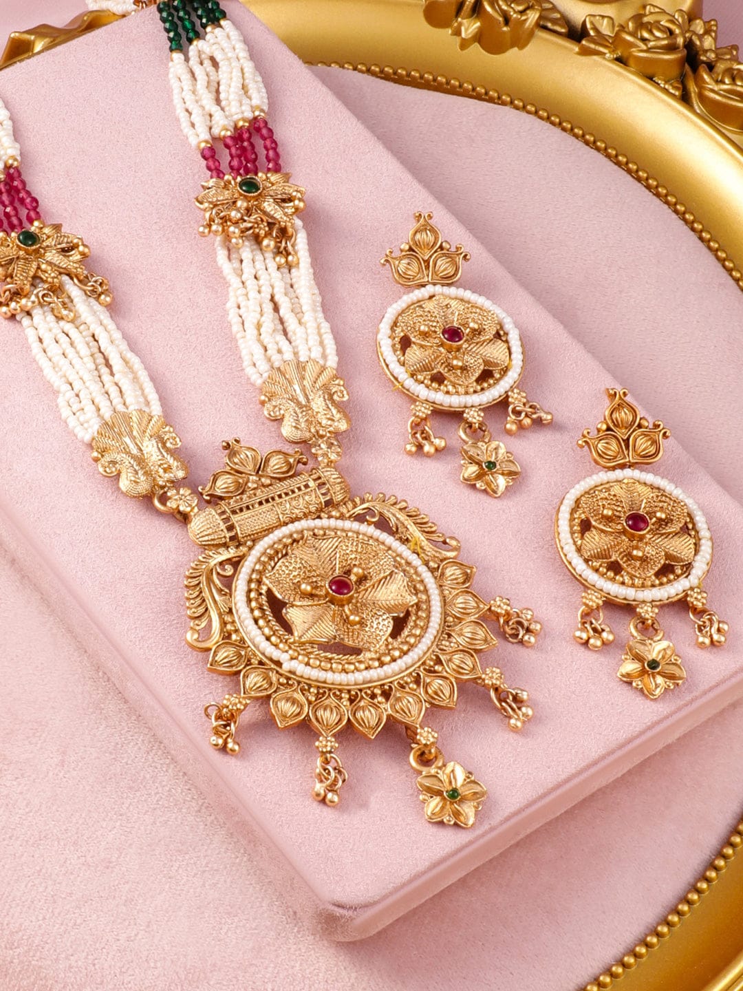 Multicolor Beaded Floral gold Necklace Set フリーサイズ