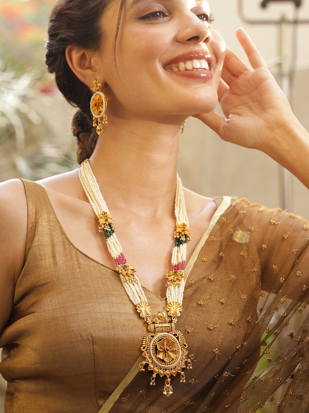 Multicolor Beaded Floral gold Necklace Set フリーサイズ