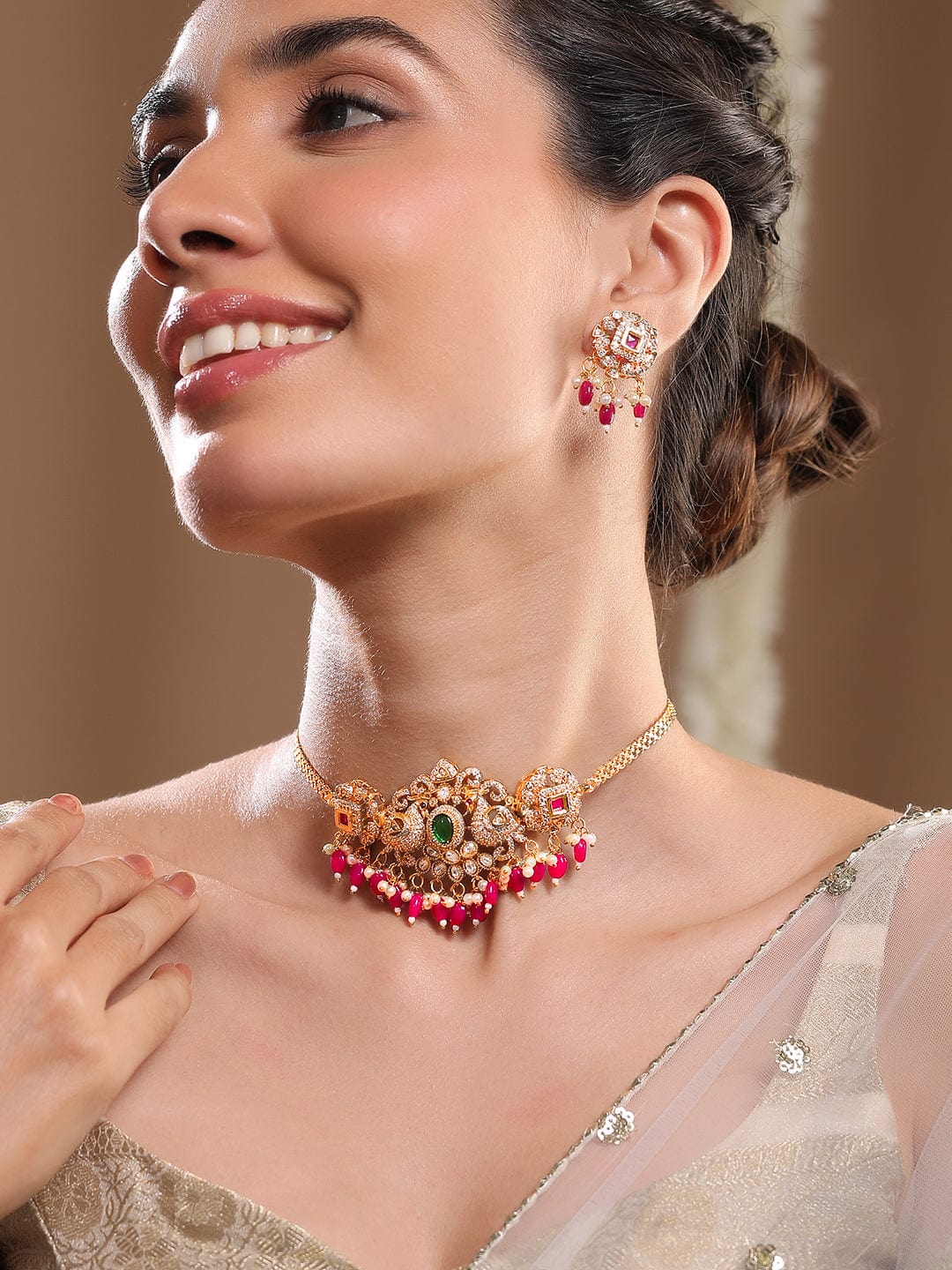 American Diamond Zirconia Red Beads Necklace Set フリーサイズ